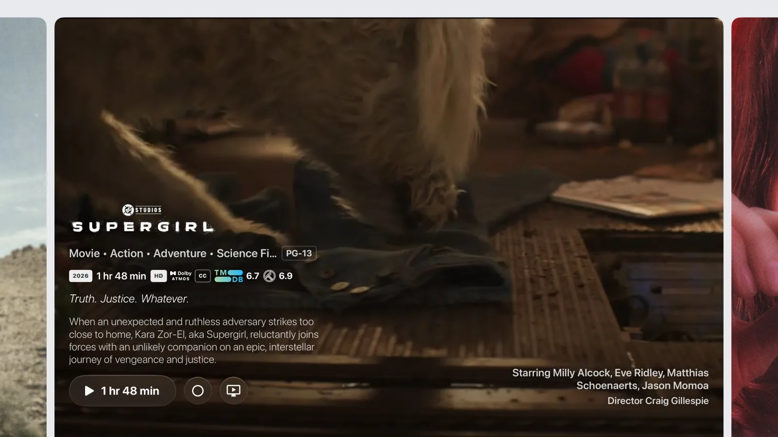 A movie card popped into peek state showing logo, genre chips, PG-13, runtime, HD/Dolby Atmos/CC badges, rating pills, tagline, synopsis, cast, and a focused Play button.
