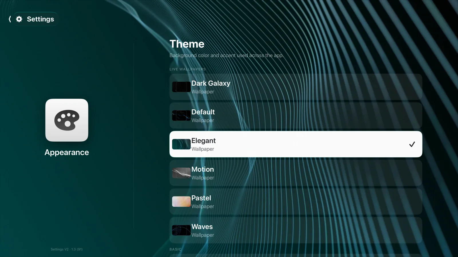 The Appearance settings page in Goody, with a Live Wallpapers list (Dark Galaxy, Default, Elegant, Motion, Pastel, Waves) rendering the Elegant wallpaper full-screen behind.