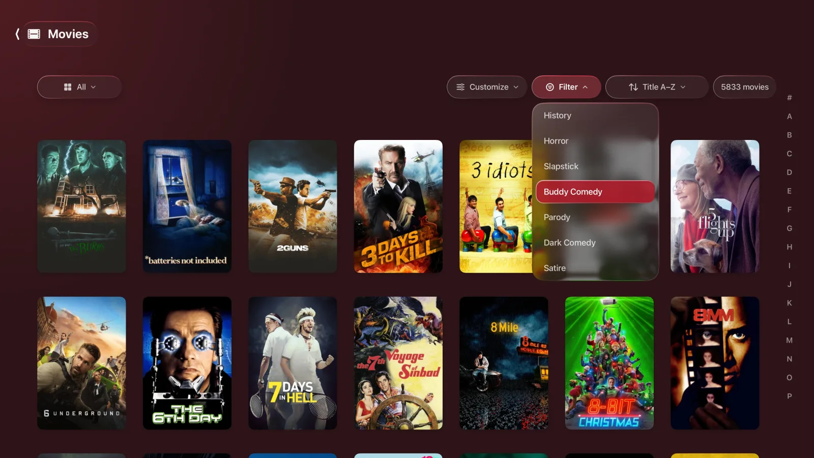 Movies library grid with 5,833 titles, a filter dropdown open showing sub-genres (History, Horror, Slapstick, Buddy Comedy highlighted, Parody, Dark Comedy, Satire), and rows of real movie posters visible behind.