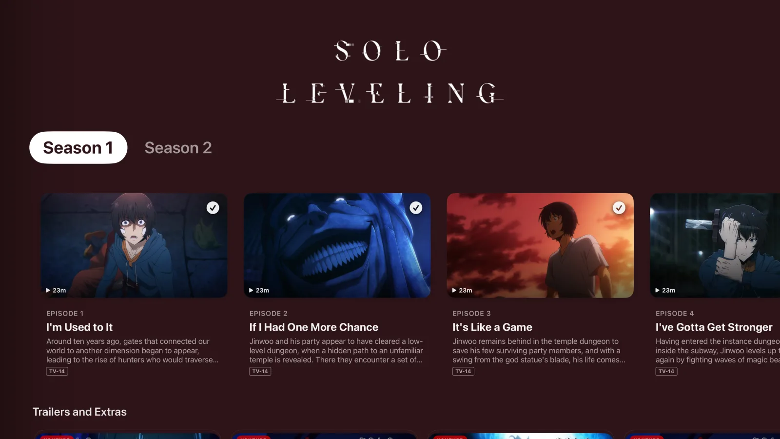 Solo Leveling show detail with a big serif logo, Season 1 and Season 2 tabs, and horizontally-scrolling episode cards each with a runtime pill, watched checkmark, episode number, title, synopsis, and rating badge.