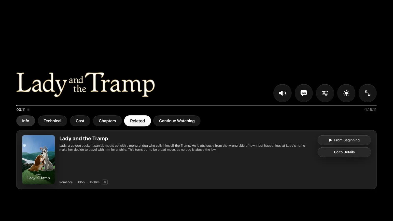 Player controls panel with a large 'Lady and the Tramp' logo, right-side icon rail (audio, subtitles, adjustments, brightness, gravity toggle), scrubber with time codes, and a tab strip (Info, Technical, Cast, Chapters, Related, Continue Watching) with a related-item row below.