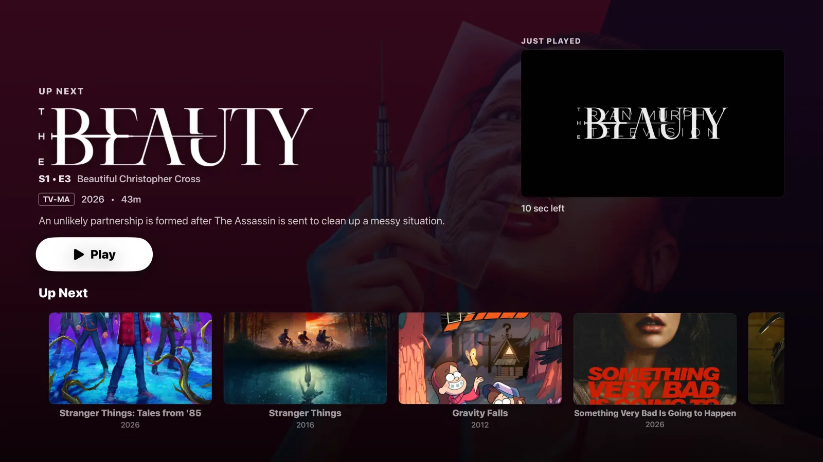 A post-playback 'Up Next' screen: The Beauty S1E3 with a big Play button, a 'Just Played' countdown thumbnail on the right showing '10 sec left', and an Up Next row of related shows below.