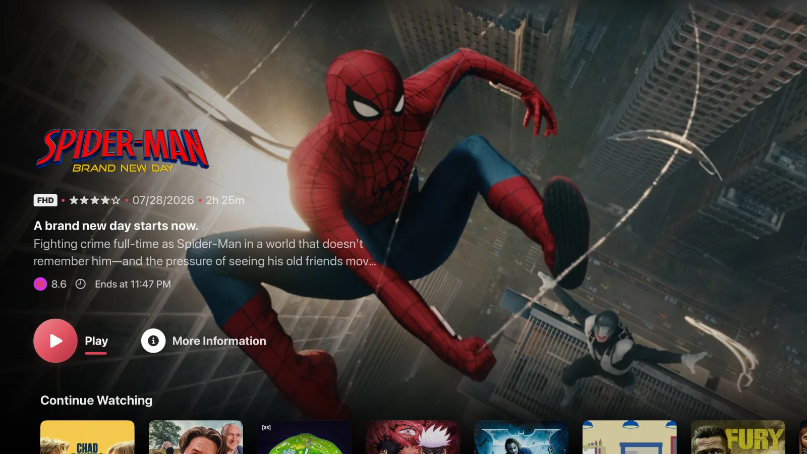 Apex: a Spider-Man hero with a round red Play button, star rating, and Continue Watching landscape row.