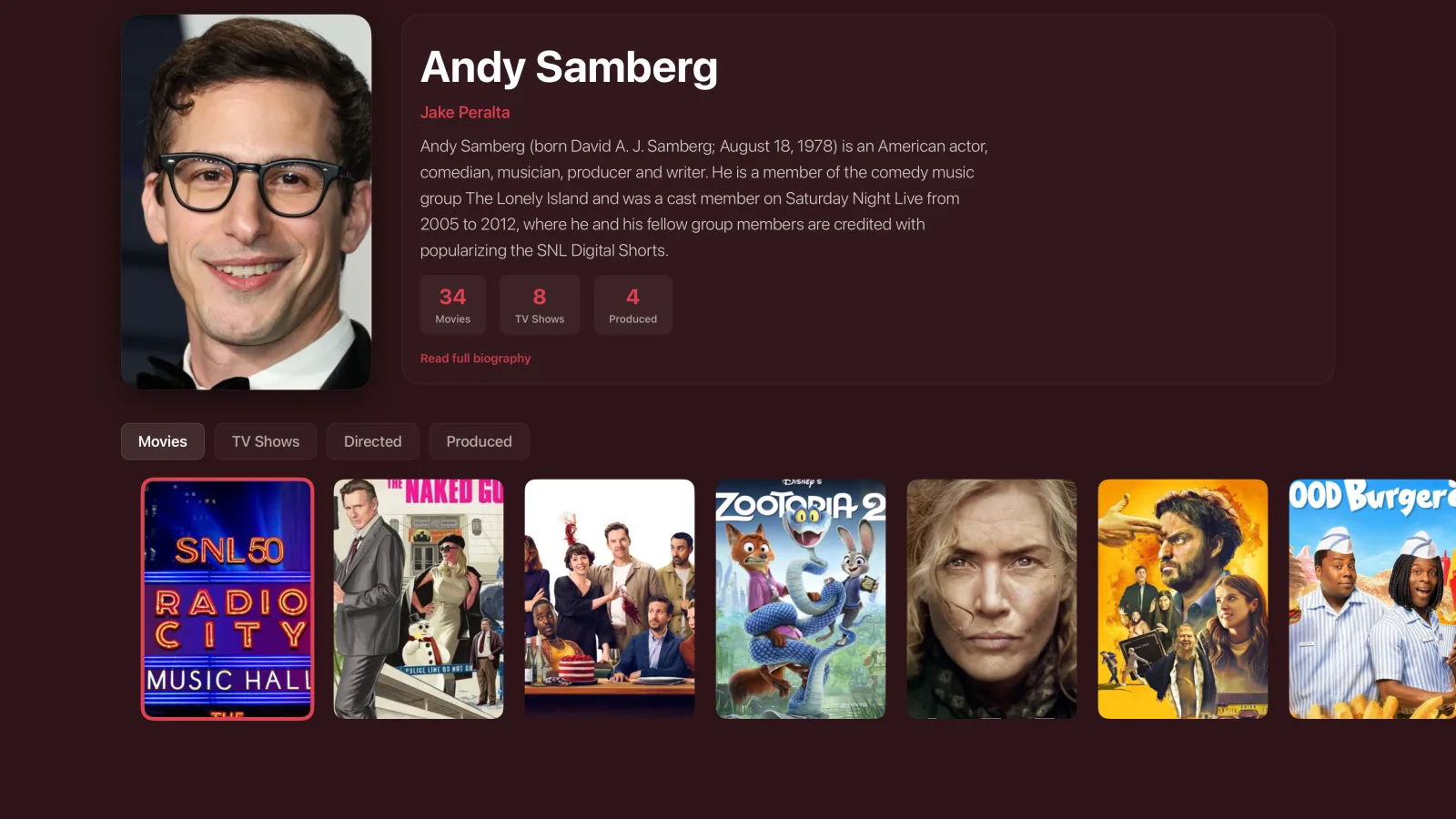 Andy Samberg's person detail page in Goody, with headshot, biography, stats (34 movies, 8 TV shows, 4 produced), tab strip (Movies/TV Shows/Directed/Produced), and a row of movie posters.