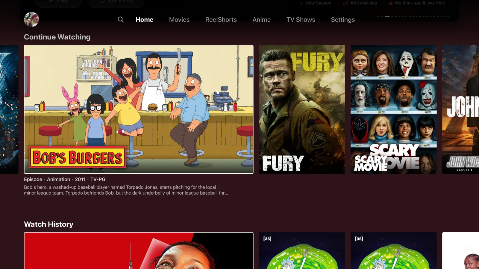 Streamline: a top-nav layout with big landscape cards for Continue Watching, focused Bob's Burgers thumbnail with episode metadata below.
